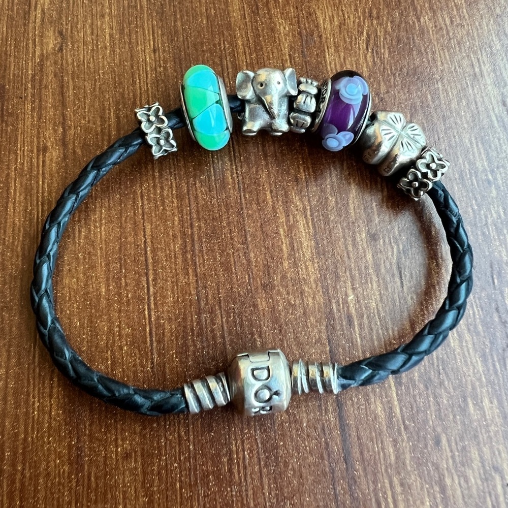 Black Leather Charm Bracelet with 7 charms
